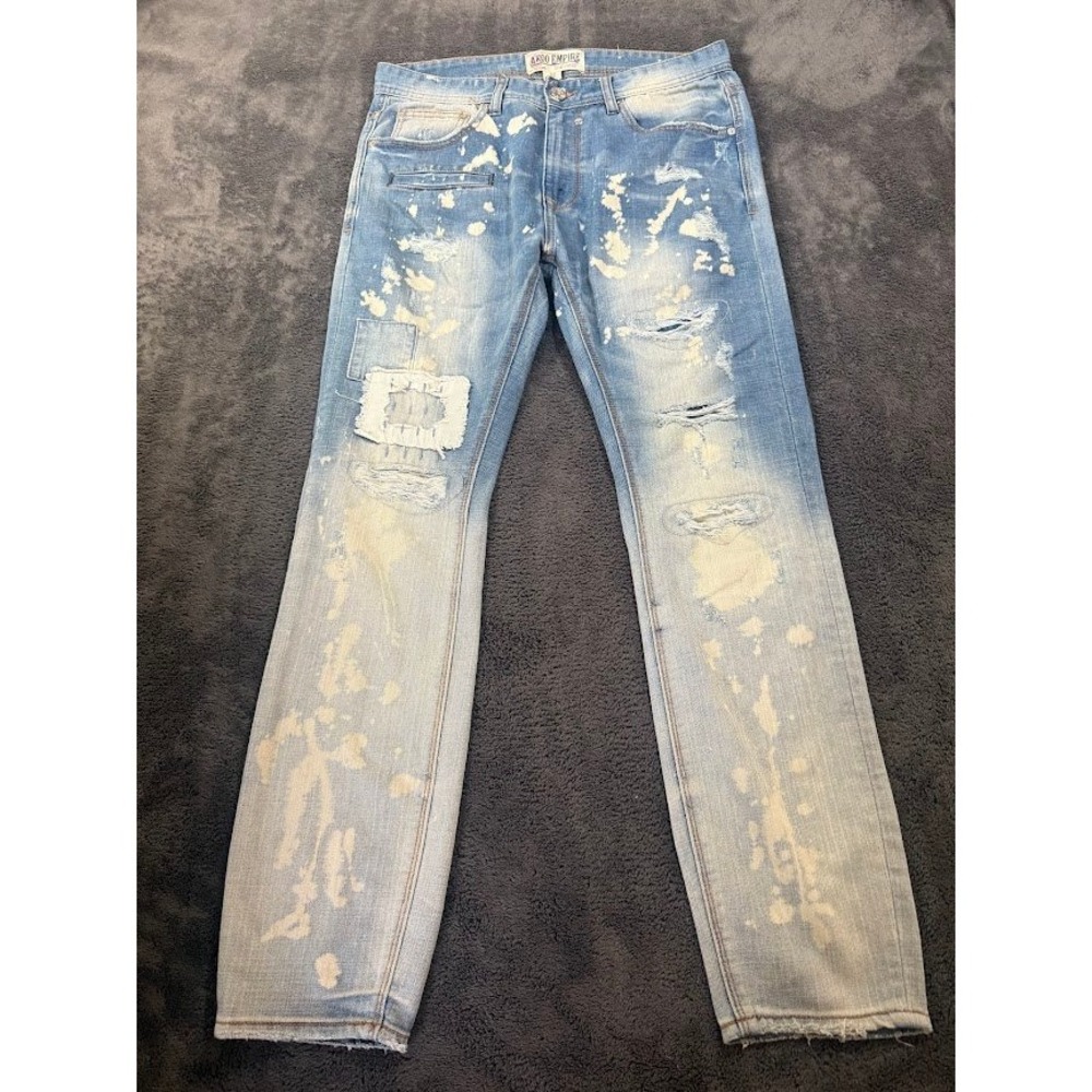 AKOO Empire Mens Distressed Bleach Splatter Patched Blue Denim Jeans 32x29